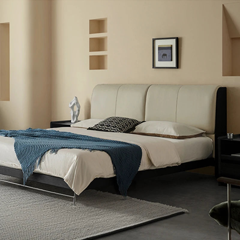 Italian Modern King/Queen Size Double Leather Eco-friendly Hypo-Allergenic Soft Bed Storage Rice White Chipboard Frame Bedroom