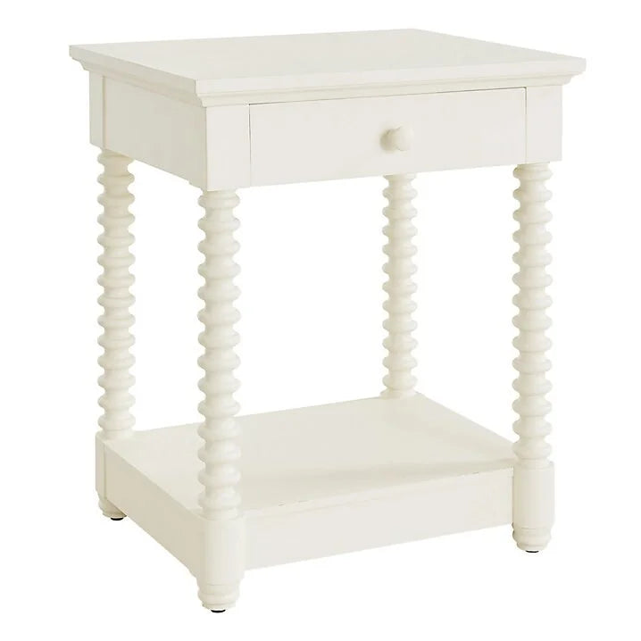 White Spindle Leg Nightstand with Drawer Solid Wood End Table with Storage Shelf French Style Side Table