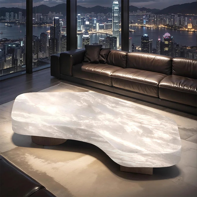 Luxury High-End Large Flat Villa Coffee Table Luminous Jade Crescent for Living Room Geometric Karibing Jade Home Furniture