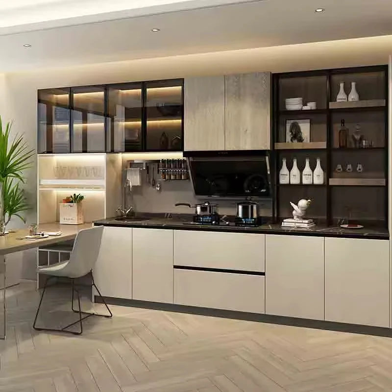 Modern Solid Wood MDF Kitchen Cabinets Straight Line Simplicity Panel Style Open Kitchen Furniture