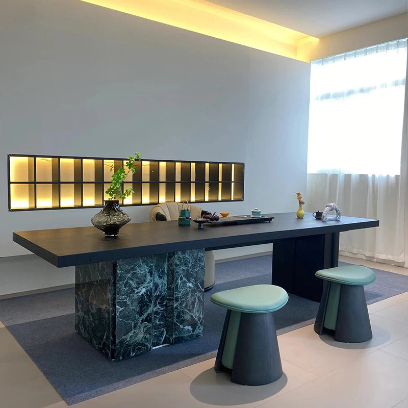 Light Luxury Modern Solid Wood Tea Table Extendable Rock Plate High-End Walnut Office Reception Walnut Rock Plate Tea Table