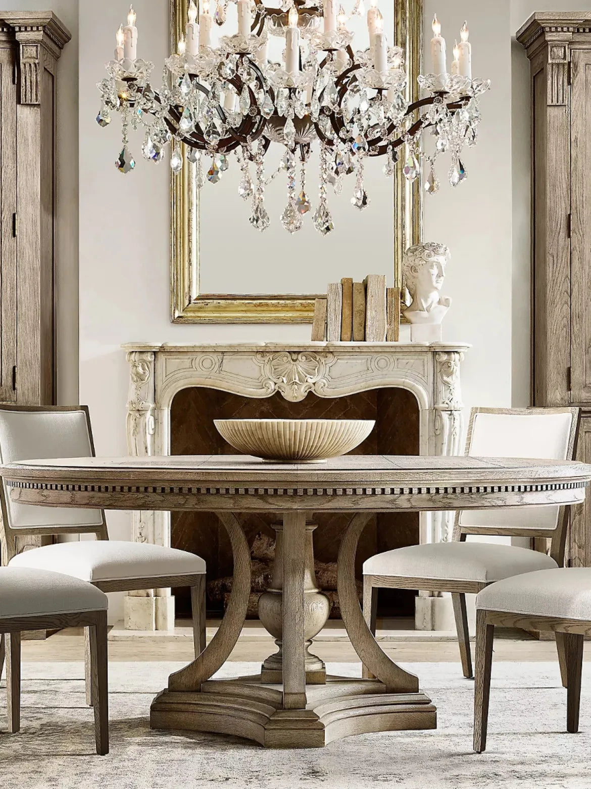 American Country Style European-Style French Oak Solid Wood Circular Dining Table Set Antique Vintage Look Home Furniture