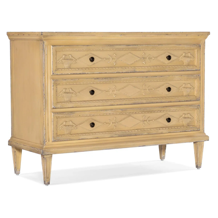French Country Style 3 Drawer Solid Wood Dresser with Hand Carved Details Distressed Finish Bedroom Storage Chest of Drawers