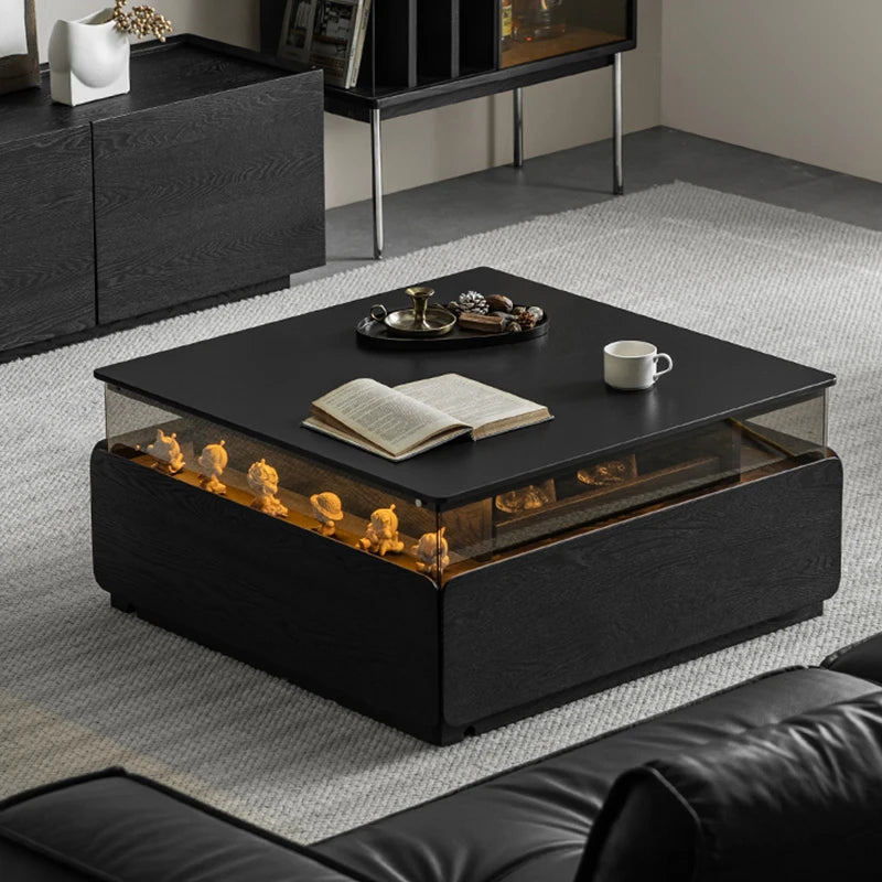 Modern Minimalist Square Rock Board Coffee Table Solid Wood with Black Drawer for Home Living Room