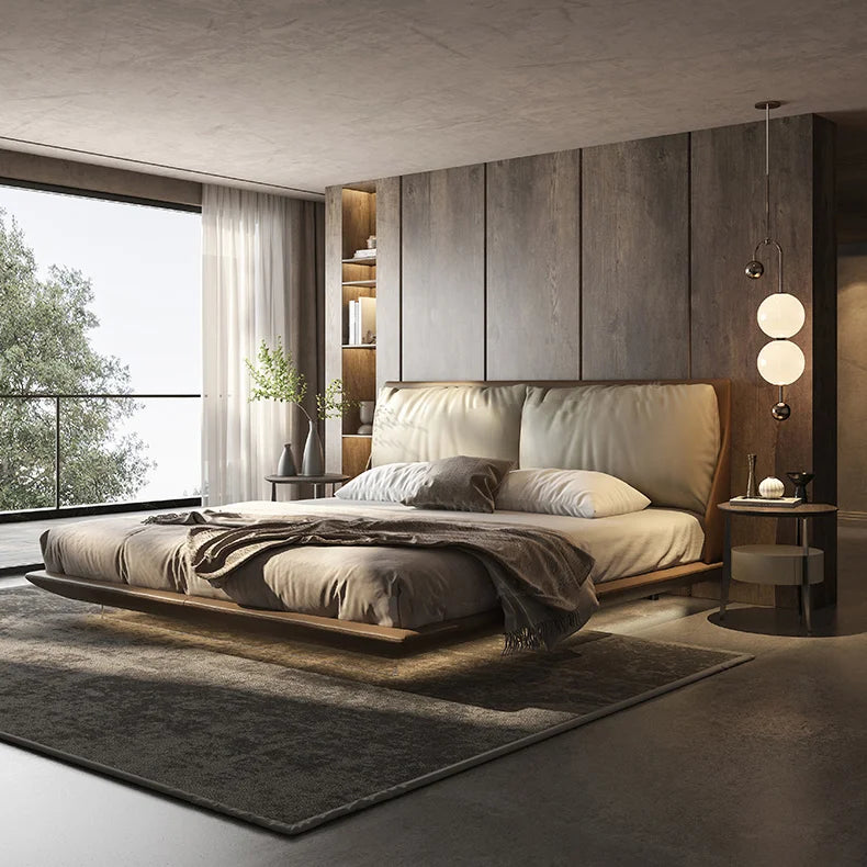 Italian Style Suspended Leather Bed Minimalist Soft Double Bed Master Bedroomwith Lamp Top Layer Cowhide Bedroom Bed