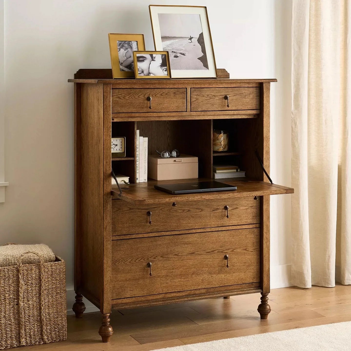 American-Style  Five-drawer Cabinet, French-style Vintage Living Room Decor Storage Cabinet, Folding Solid Wood Cabinet
