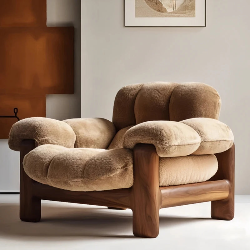 Solid Wood Single Sofa Chair in Black Walnut Designer Medieval Wabi-sabi Style for Dining in Living Room Balcony Leisure