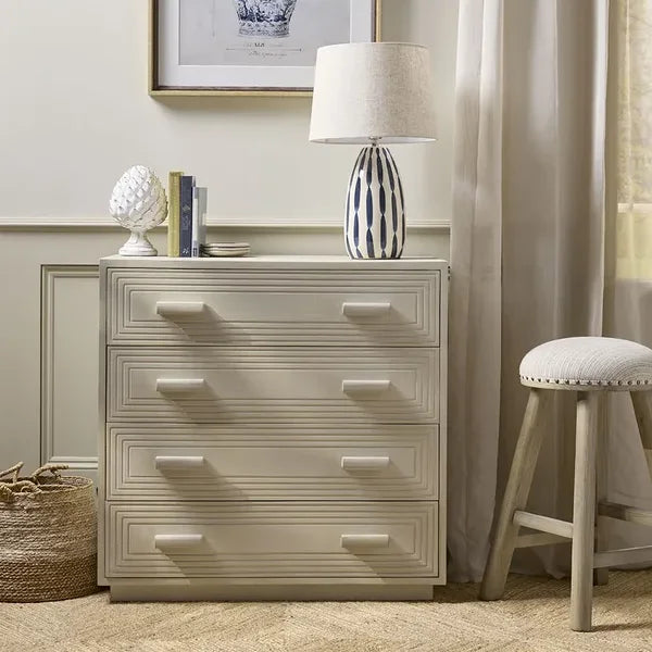 French Style Cream 4 Drawer Dresser with Fluted Detail Solid Wood Frame Bedroom Chest of Drawers for Home Storage Organization