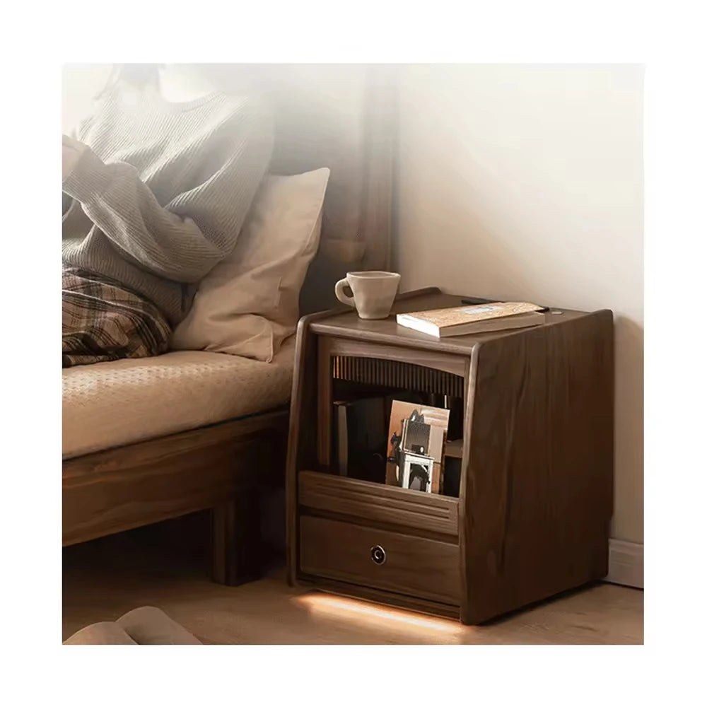Modern Solid Wood Black Walnut Nightstand Smart Minimalist Small Bedside Storage Cabinet for Home Bedroom Living Room Furniture