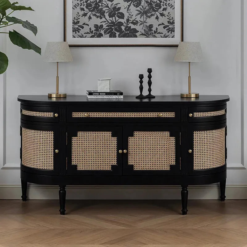 American Country Style Retro Solid Wood Entrance Cabinet French Vintage Oak Chest Drawers Black Rattan Sideboard Neoclassical
