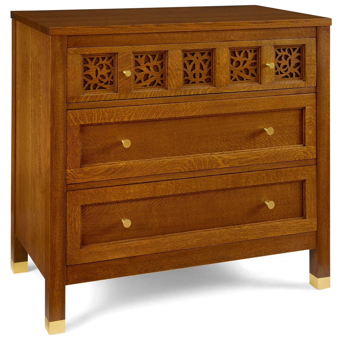 Arts Crafts Style Solid Wood 3 Drawer Chest with Hand Carved Floral Panels , Vintage Storage Dresser for Bedroom Living Room