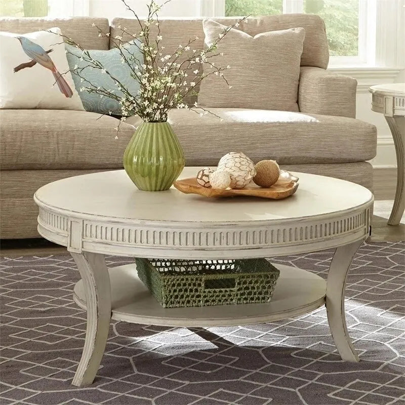 American Entry Luxury Solid Wood Coffee Table French Retro White with Storage Space for Small Spaces Living Room Balcony