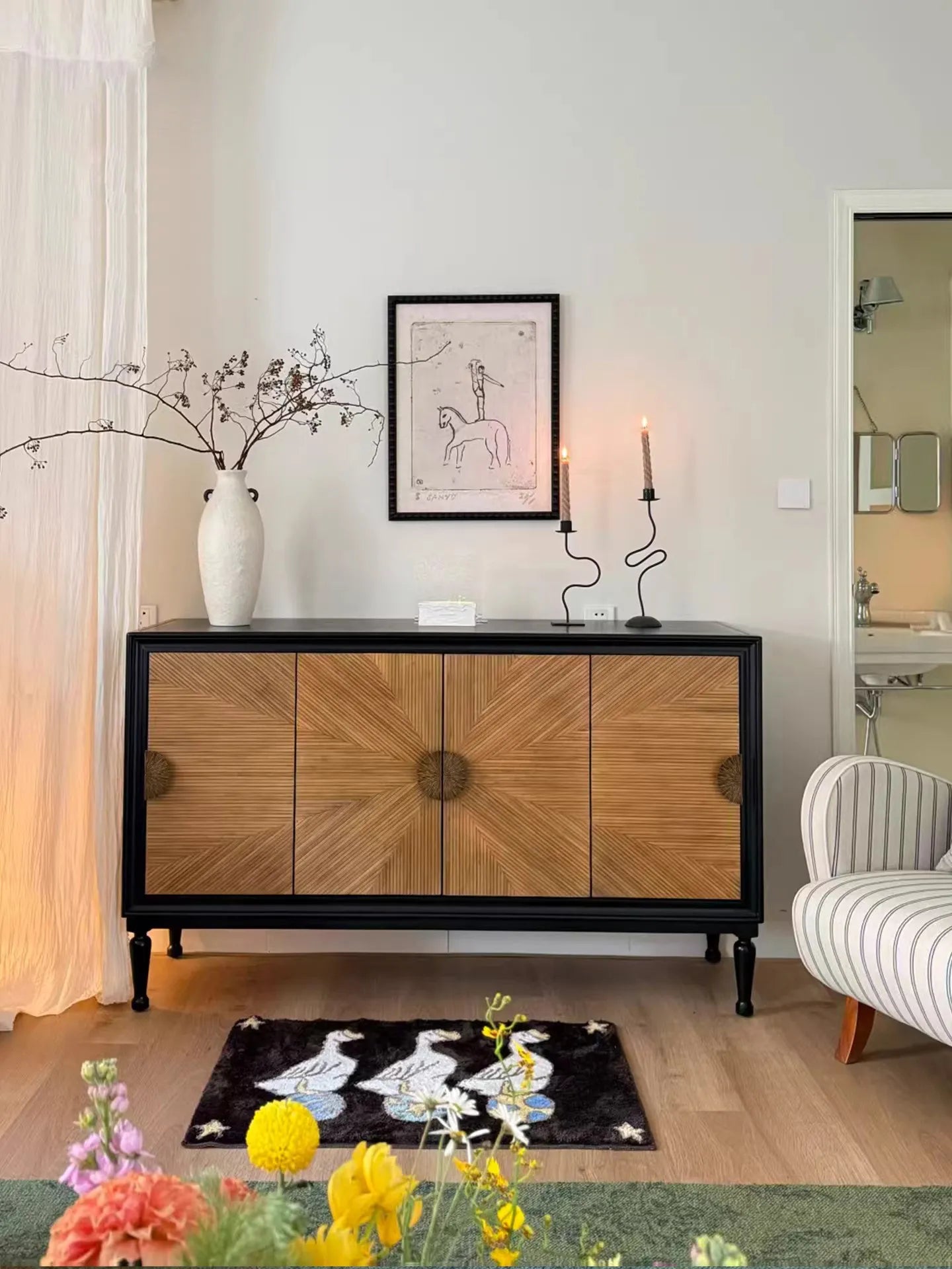 American-style Vintage Solid Wood Sideboard Metal Handles Marquetry Doors French Mid-century Design for Corridor Storage TV