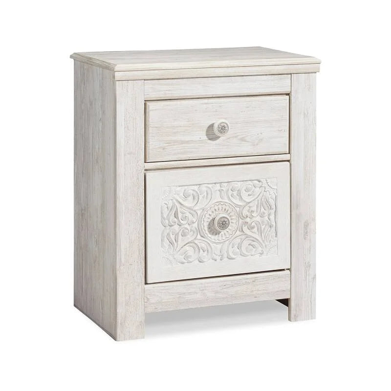 Hand Carved Distressed White Solid Wood Nightstand 2 Drawers Vintage French Style Bedside Table
