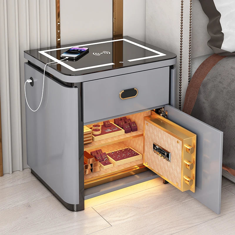 All-in-One Simple Modern Home Smart Bedside Cabinet Multifunctional Lacquer Wooden Storage for Small Bedrooms Safe Furniture
