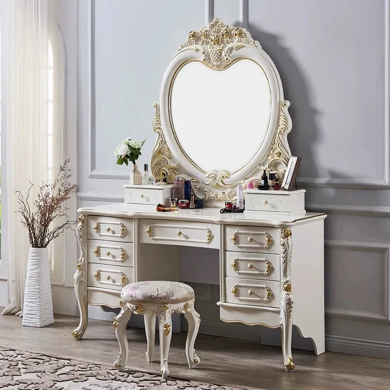 European-style Solid Wood White Princess Dressing Table | Luxurious Assembled French Style Makeup Vanity for Large Bedrooms