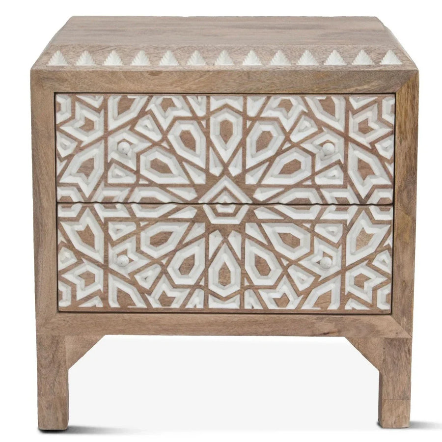 Vintage  Solid Wood Bedside Table  Geometric Pattern 2 Drawer Nightstand Wooden End Side Cabinet Bedroom Furniture Set