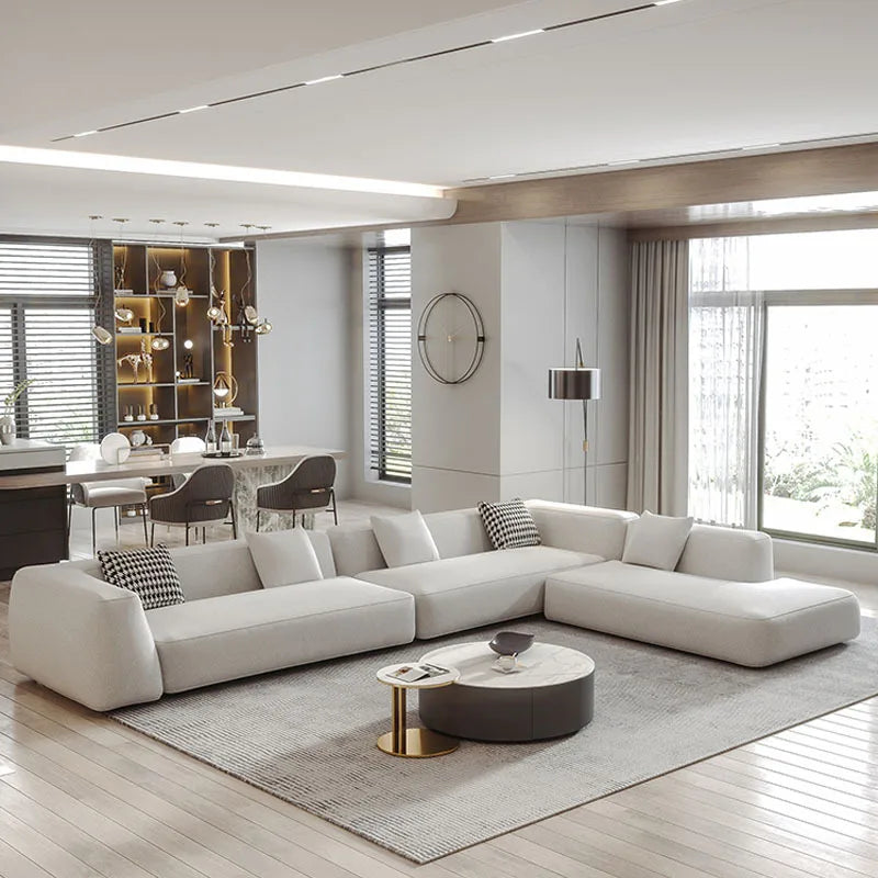 Italian Style Living Room Combination White Leather Sofa Nordic Modern Minimalist Technology Cloth Floor Corner Home Furniture