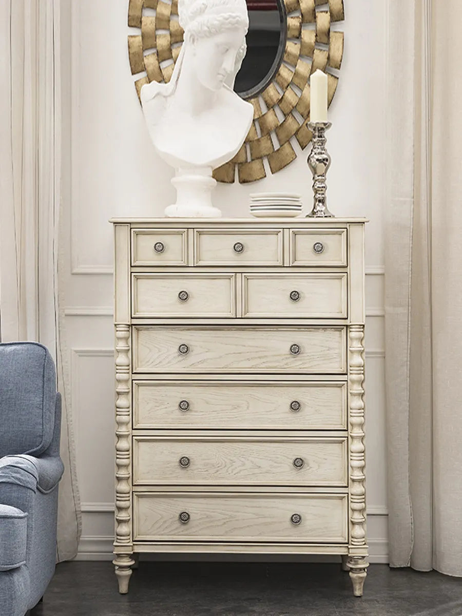 American Country-style Vintage Solid Wood Chest Drawers White Bedroom Dresser Living Room Wall-hugging Nine-drawer