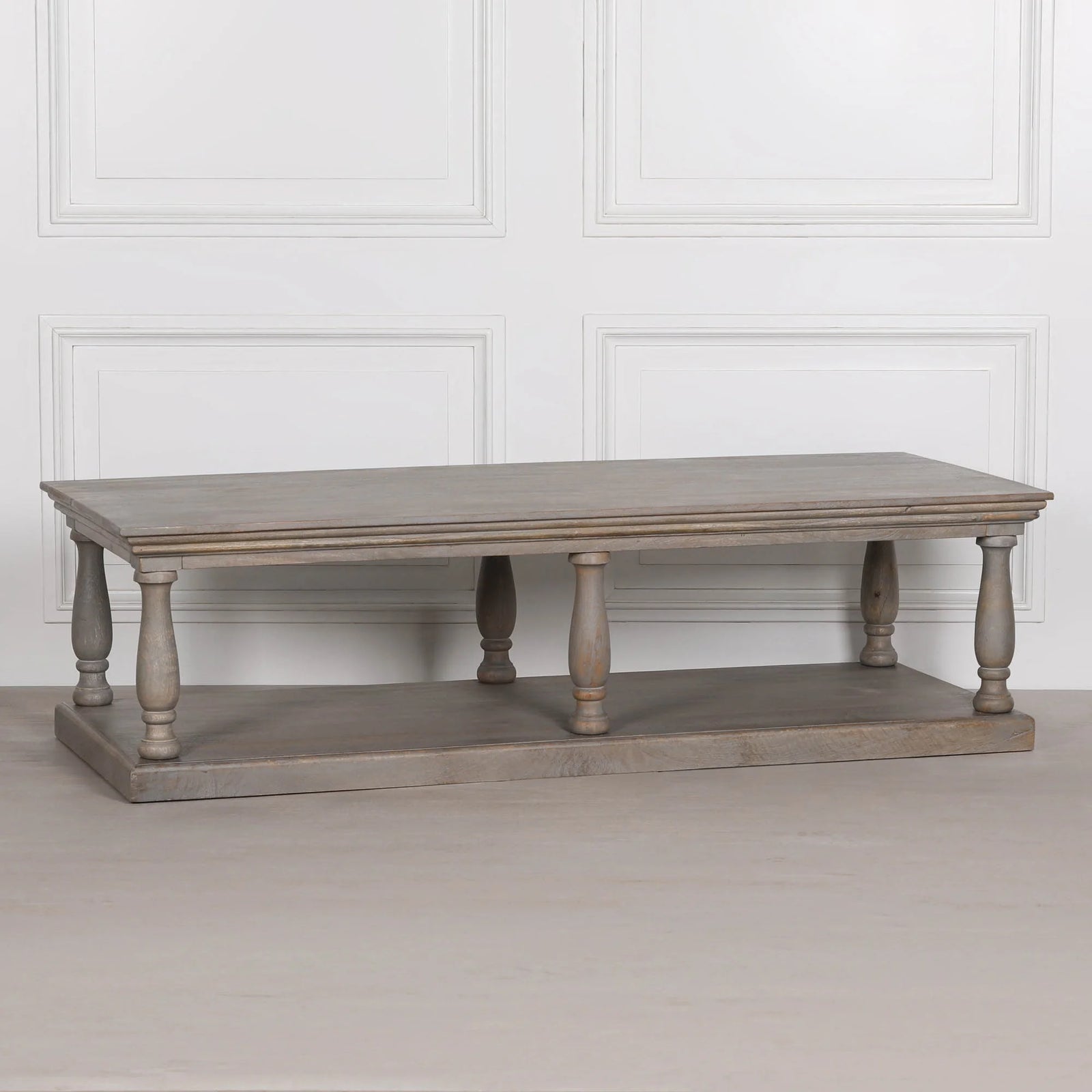 French Country Solid Wood Coffee Table with Open Shelf, Vintage Turned Leg Living Room Center Table