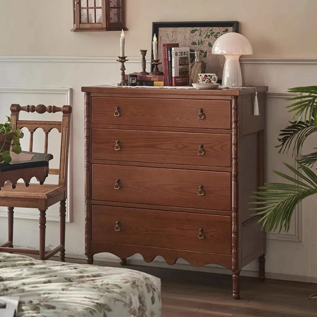 Vintage Solid Wood 4 Drawer Dresser Bamboo Turned Leg Chest of Drawers Farmhouse Bedroom Storage Cabinet