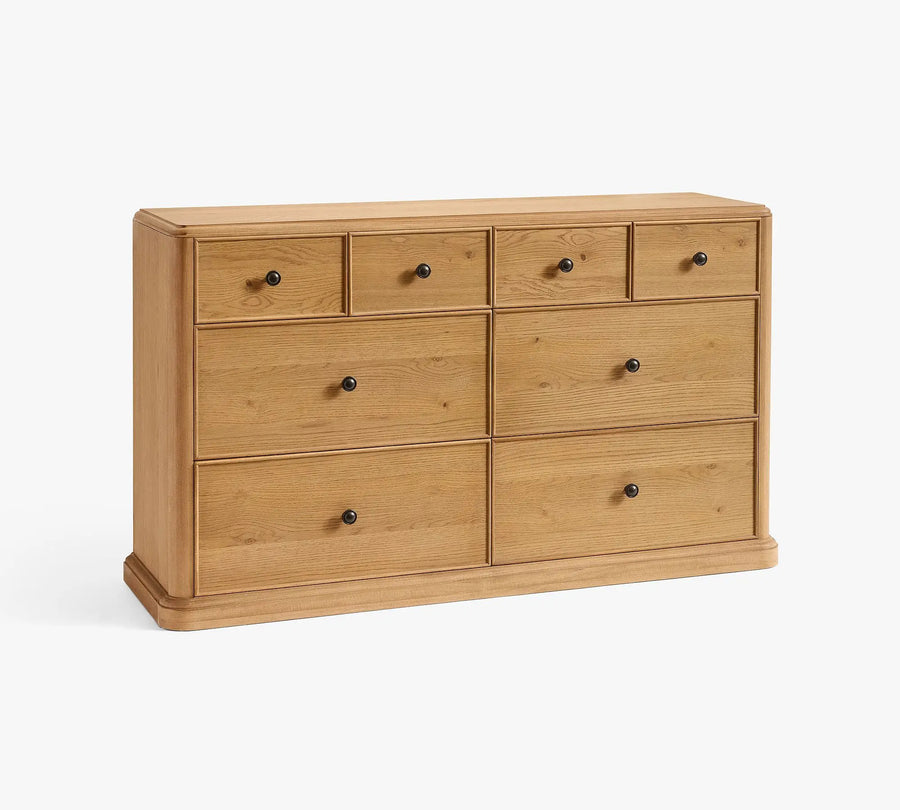 French Style Solid  Wood Dresser with 8 Drawers, Natural Wood Finish Wide Chest of Drawers for Bedroom Storage