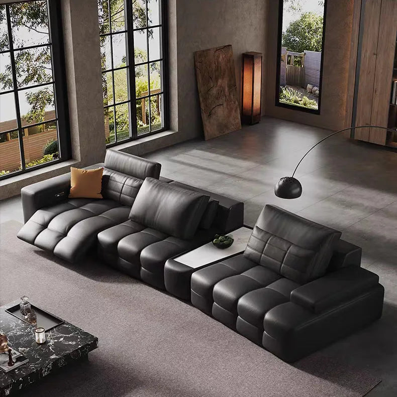 Electric Genuine Leather Three Seat Sofa Zero Wall Lawrence Black Multi-functional Italian Villa Living Room Straight High-end