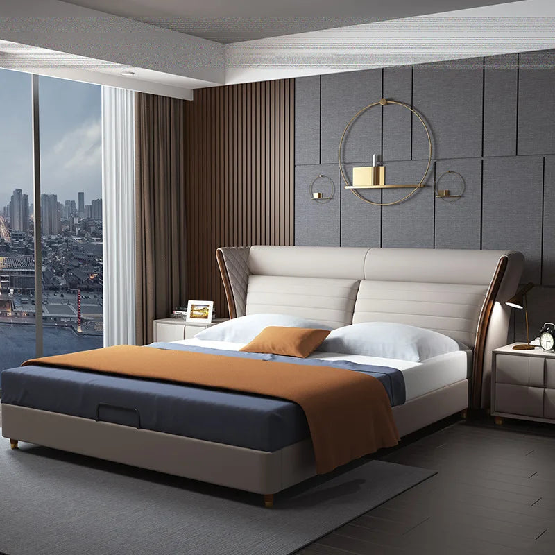 High-end Modern Home Furniture Italian Minimalist Leather Bed Modern King-size Leather Bed Bedroom Set MDF