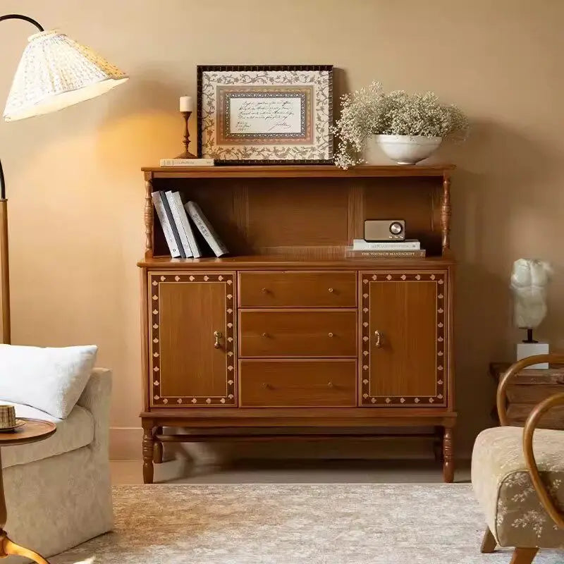 French Style Retro Mid-Century Solid Wood Sideboard Metal Handles Wall-Mounted Integrated Storage Cabinet for Living Room Decor