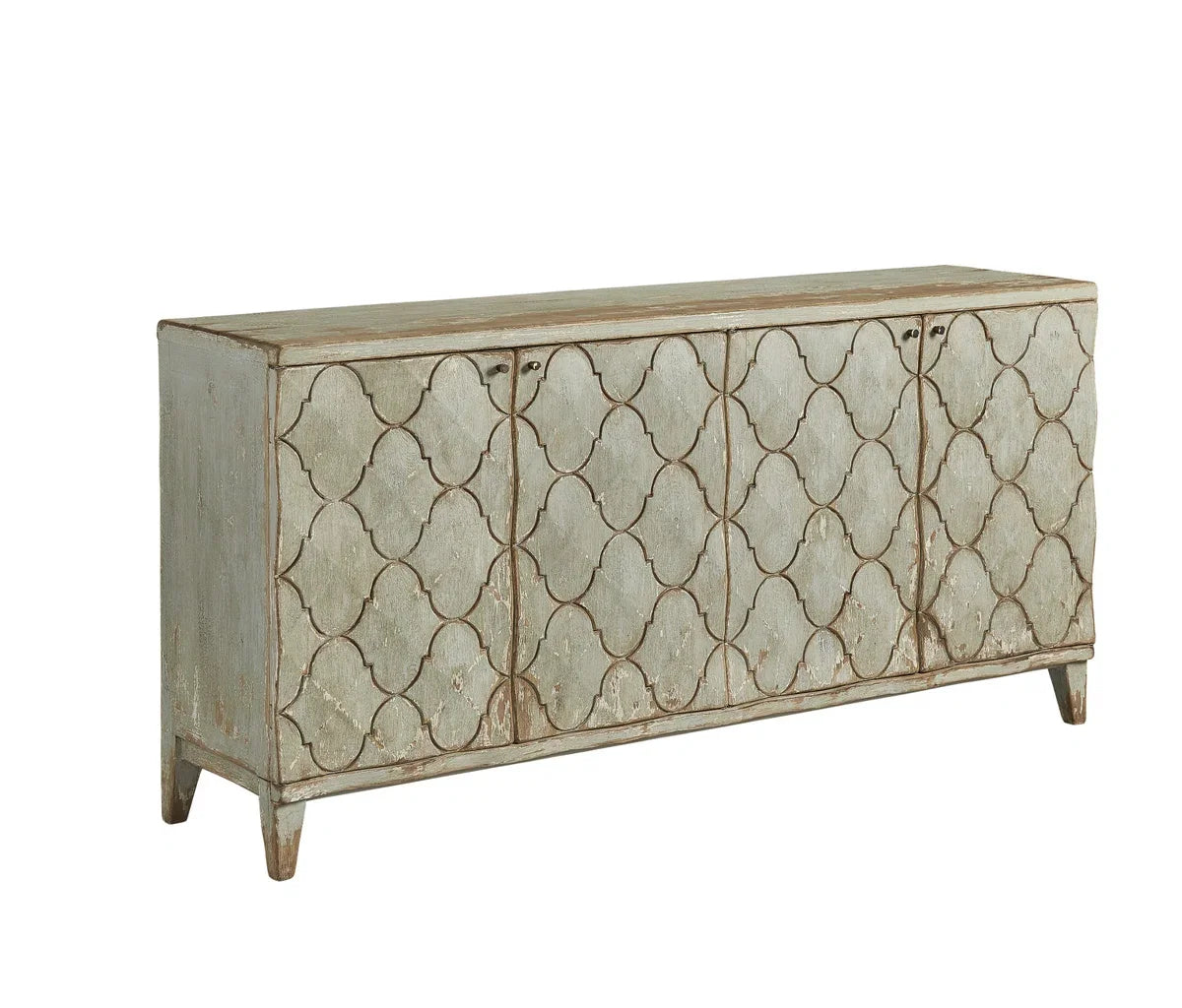 Handmade Distressed Wood Sideboard, Moroccan Pattern 4 Door Storage Cabinet for Home Hotel