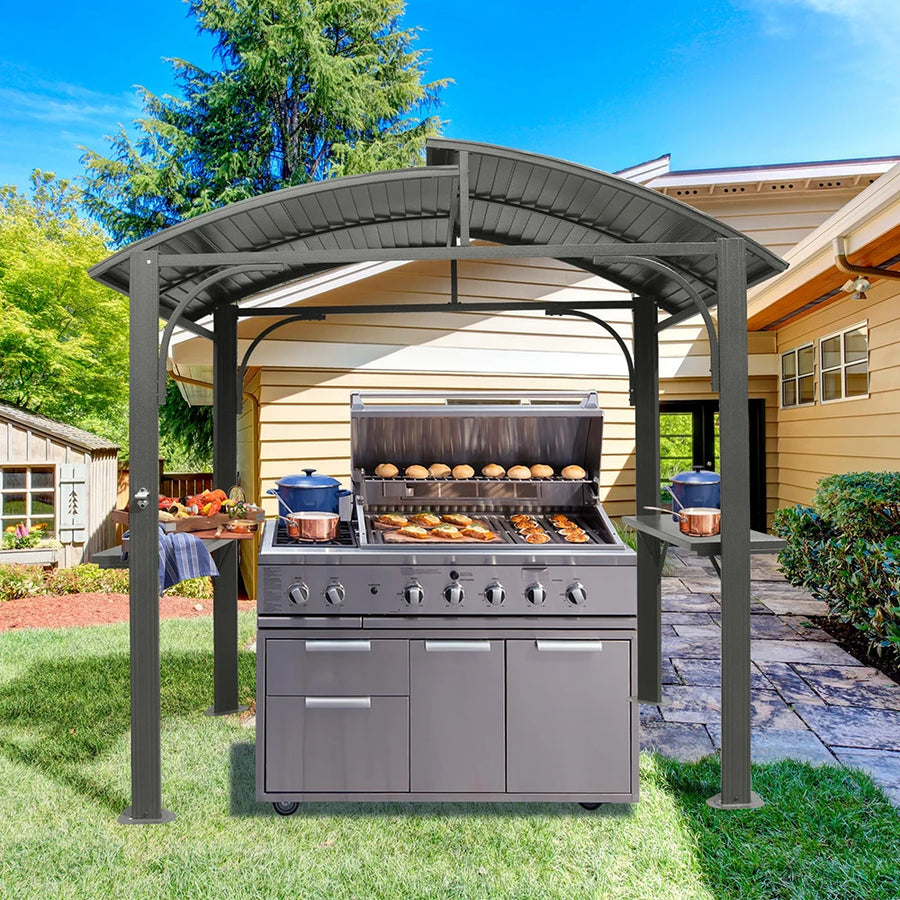 Arc Roof Grill Canopy for Outdoor Grill Double Galvanized Steel Roof 2 Side Shelves Gazebo Grill Tent for Patio Garden Backyard