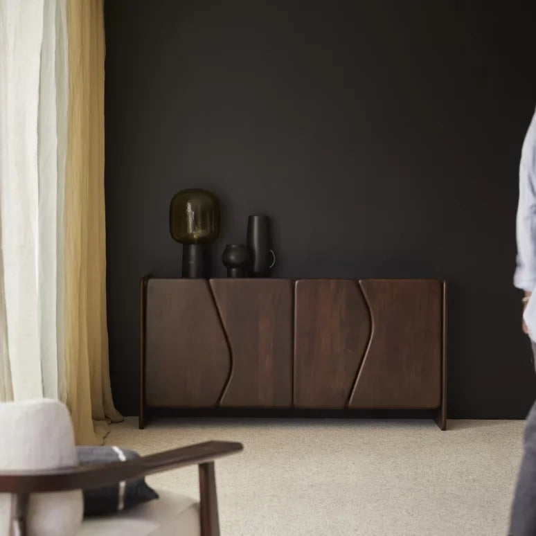 Modern Solid Wood Sideboard Buffet Cabinet with Irregular Curved Doors, Dark Walnut Finish Living Room Storage Credenza