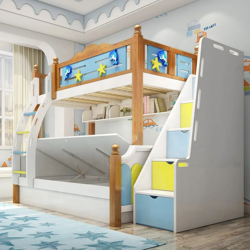 Wood Kids Bunk Bed for Boys With Slide Colorful Children'S Furniture Bed Sets