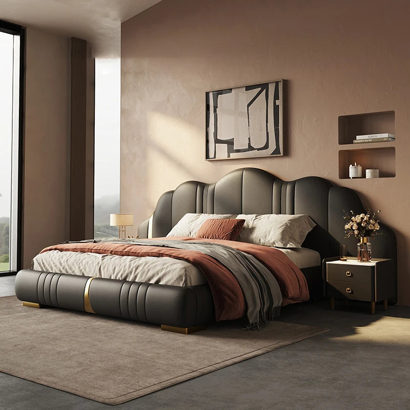 Italian Luxury Double Bed Cloud Leather Large Widescreen for Master Bedroom Villa Apartment Home Furniture Soft Packaging
