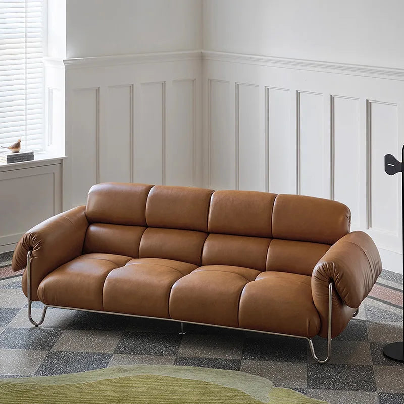 Genuine Leather Three Seat Retro Style Sofa Movable Design High Density Sponge Filling Top Layer Cowhide Cover for Living Room