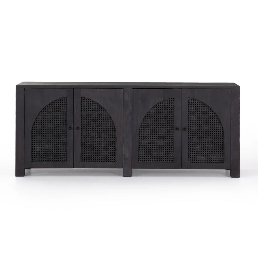 Farmhouse Solid Wood Sideboard Cabinet with 4 Arched Rattan Doors, Natural Woven Storage Cabinet for Living Room Dining Room