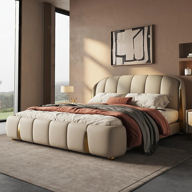Modern Simple Metal Beds High-End Italian Bedding Cushion Piano Key Top Layer Leather for Double Kids' Wedding Beds Storage
