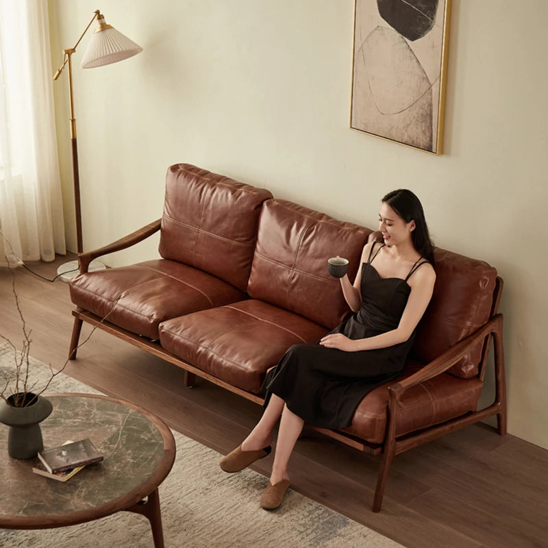 Maxky Nordic Retro Three-Person Italian Sofa Simple Modern Home Furniture with Solid Wood Black Walnut Leather for Living Room