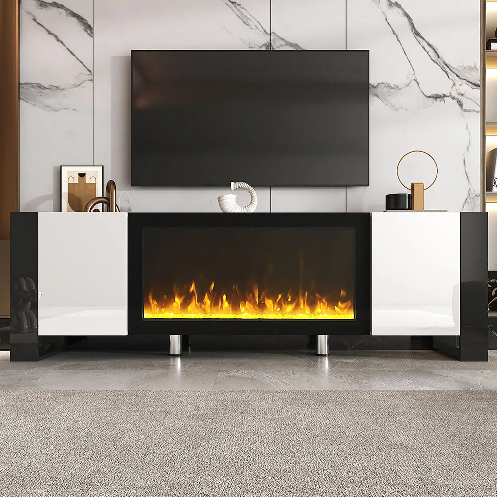 Modern High Gloss Entertainment Center TV Stand Non-Heating Electric Fireplace 2 Wood Cabinets Media Console for TVs