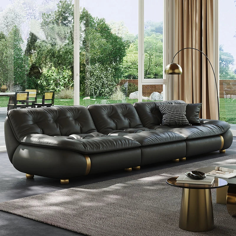 Modern Luxury First Layer Cow Leather Vertical Row Sofa for Living Room Black High-End Design for Sailboat Villa Mansion