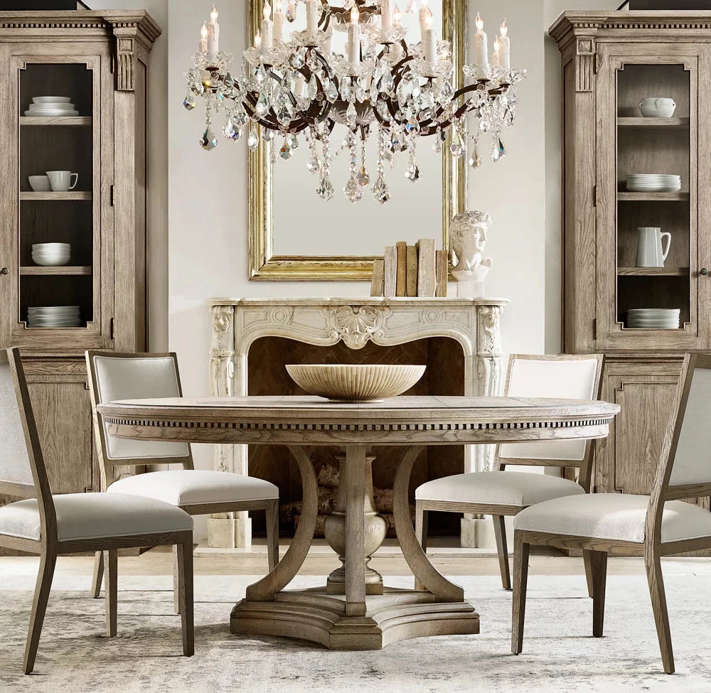 Antique-style Light Brown Carved Round Dining Table, American Country Rustic Solid Wood Dining Table