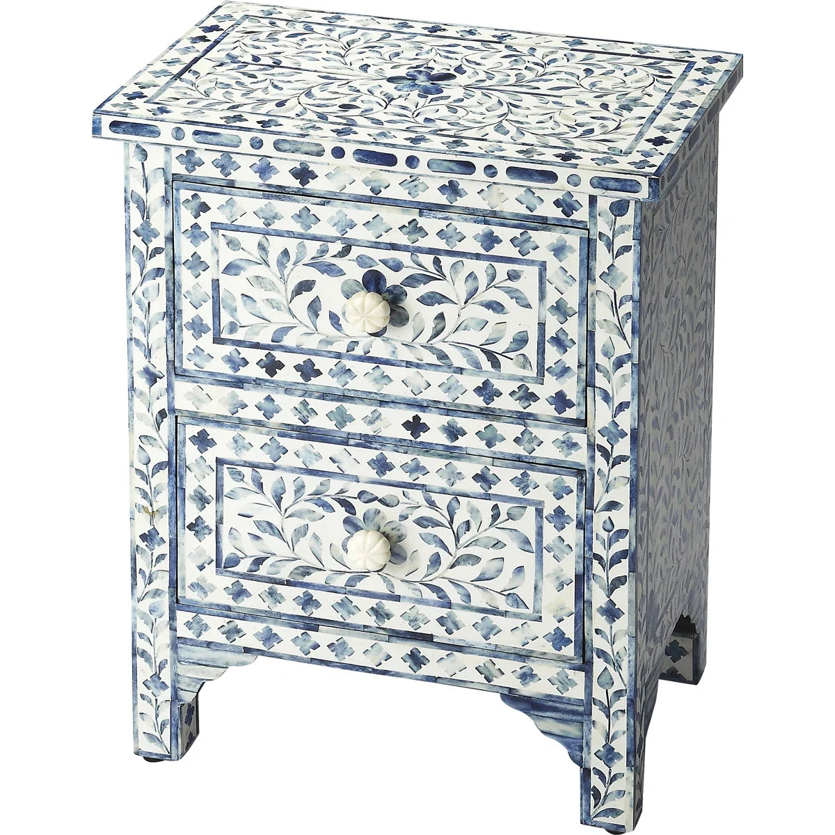 Modern Blue White Floral  2 Drawer Nightstand Handmade Wooden Bedside Table for Bedroom Storage