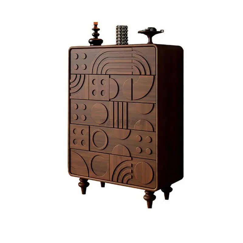 Boho Style Hand-Carved 6 Drawer Tallboy Geometric Pattern Solid Wood Chest of Drawers for Bedroom Living Room