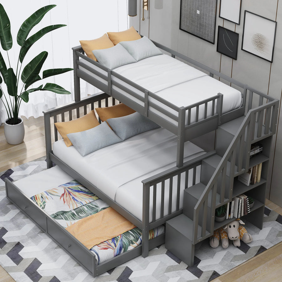Children Bed for Bedroom Stairway Twin-Over-Full Bunk Bed With Twin Size Trundle With Storage and Guard Rail Bunk Adult Bed