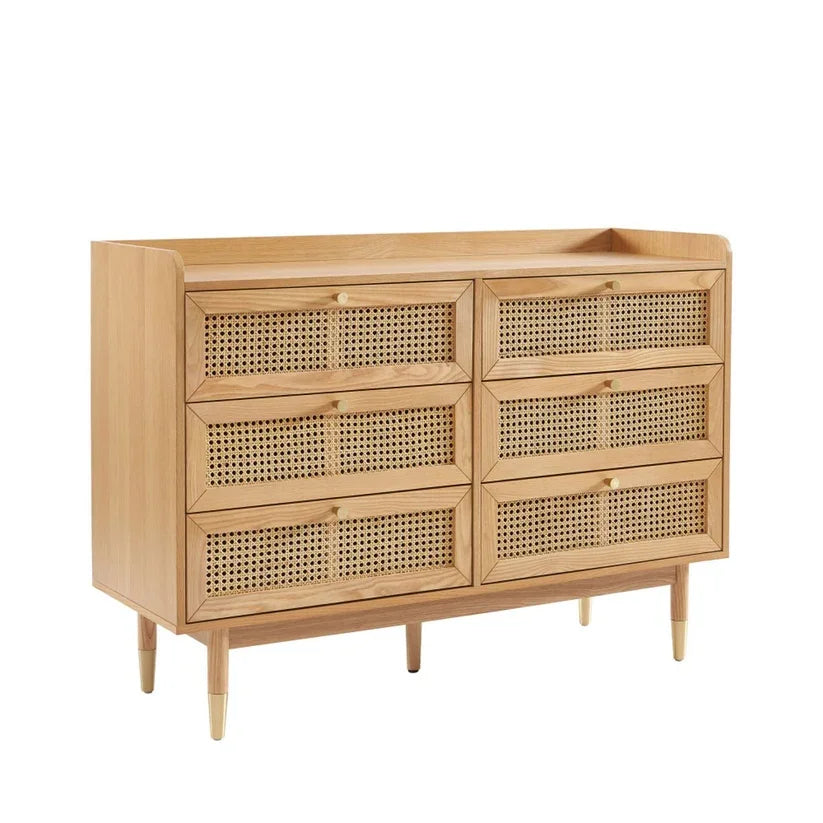 6-Drawer Wide Dresser with Curved Edges and Rattan-Effect Front for Bedroom and Living Room