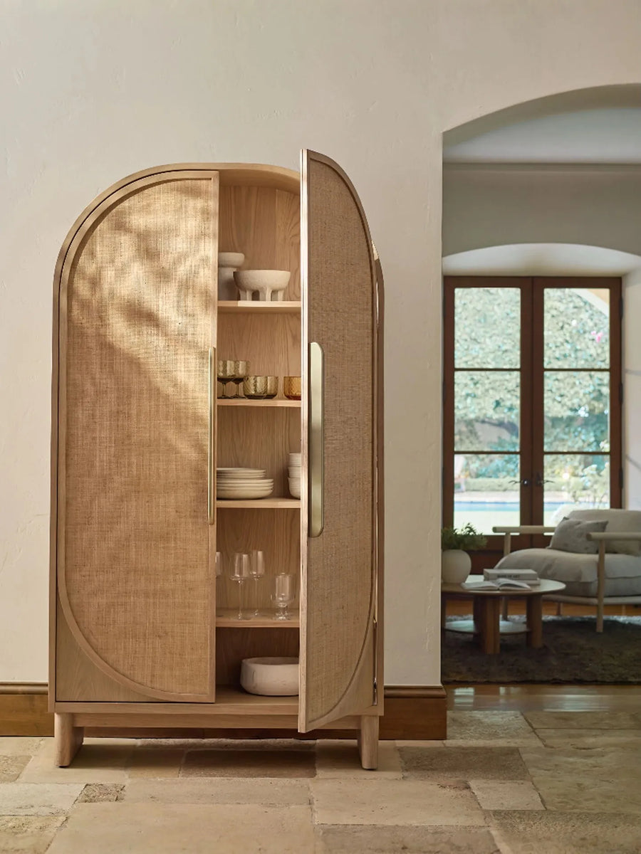 American Retro Solid Wood Rattan Multifunctional Sideboard Wabi-Sabi Style Living Room Bedroom Arched Storage Cabinet