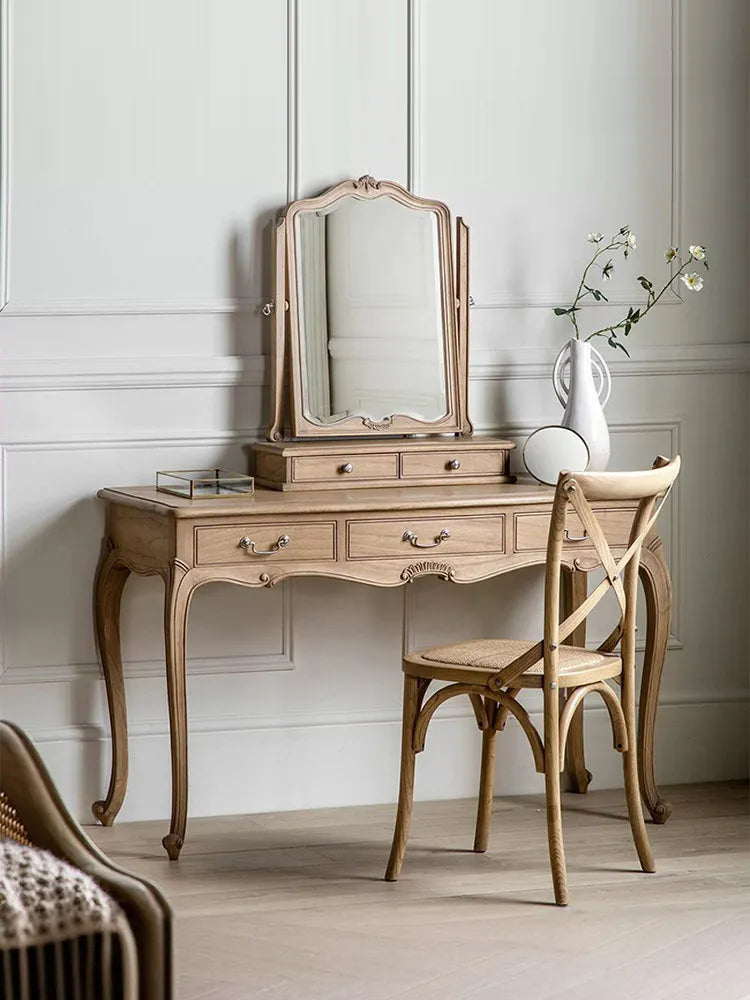 French Style Carved Solid Oak Wood Dressing Table Makeup Stool Set Makeup Mirror French Vintage Desk for Small-Space Bedrooms