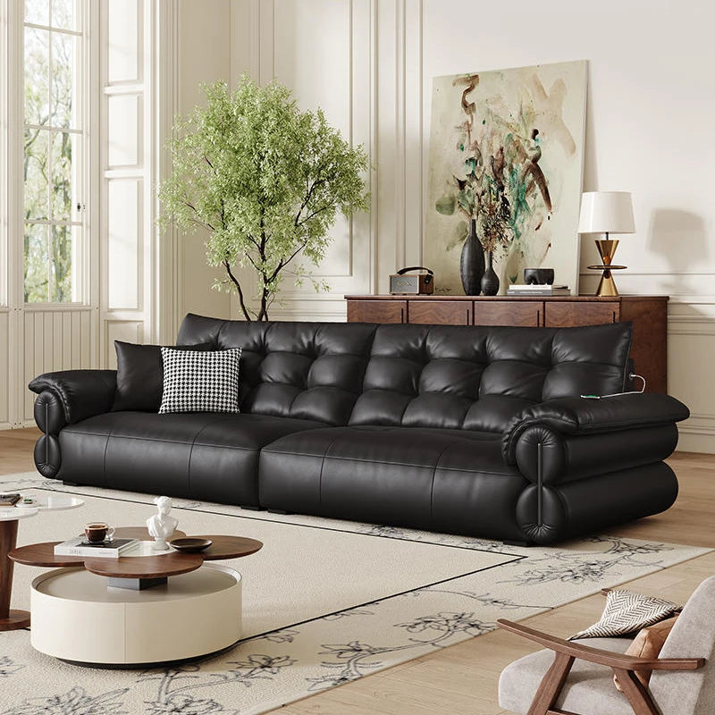French Cowhide Top Layer Italian Leather Sectional Sofa Modern Microfiber Fabric for Small Living Room or Apartment