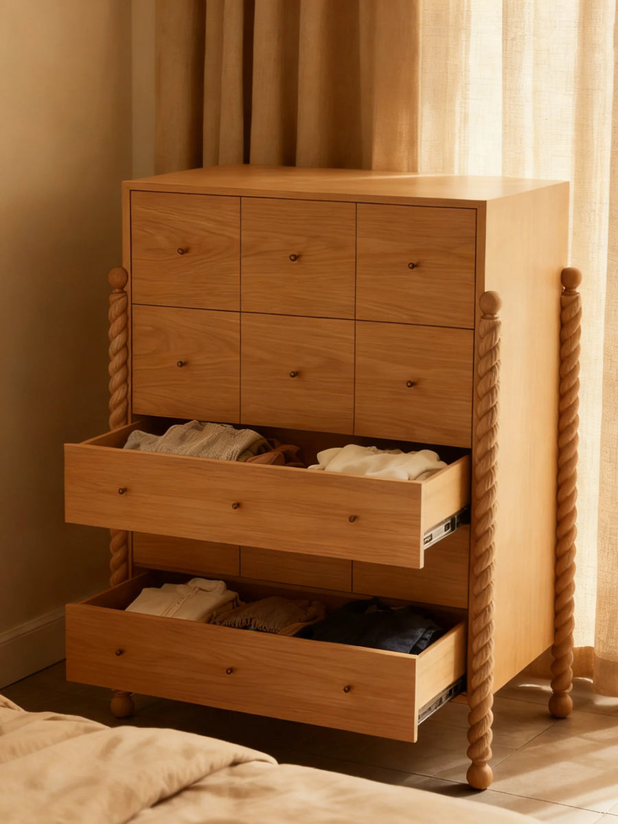 French-style Vintage Solid Wood Carved Bedroom Storage Cabinet Mid-century Nordic Log-style Design