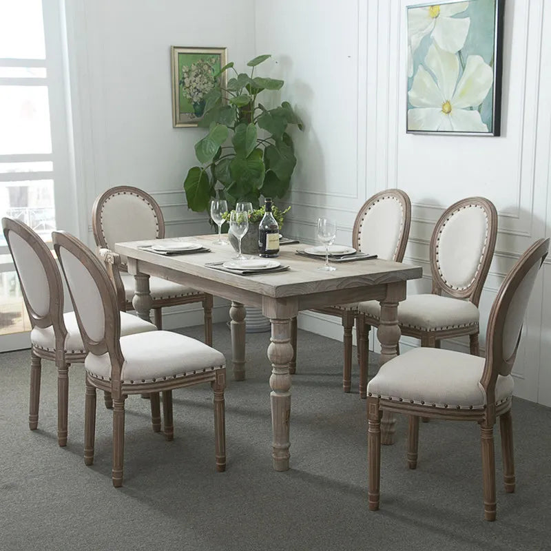 American Country Wooden 6-Seater Rectangle Dining Table Roman-Column Legs Distressed Finish Vintage French-Style for Living Room